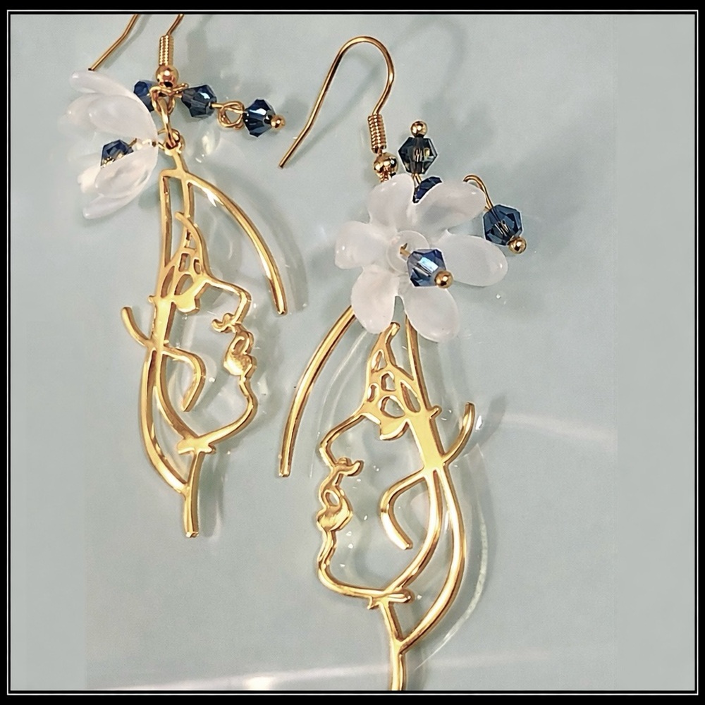 New Abstract Muse Face Gold Steel Line Art White Petal Blue Crystal Earrings